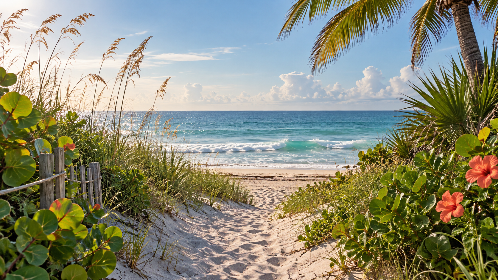 A sandy path through sea grapes opening onto the Atlantic Ocean